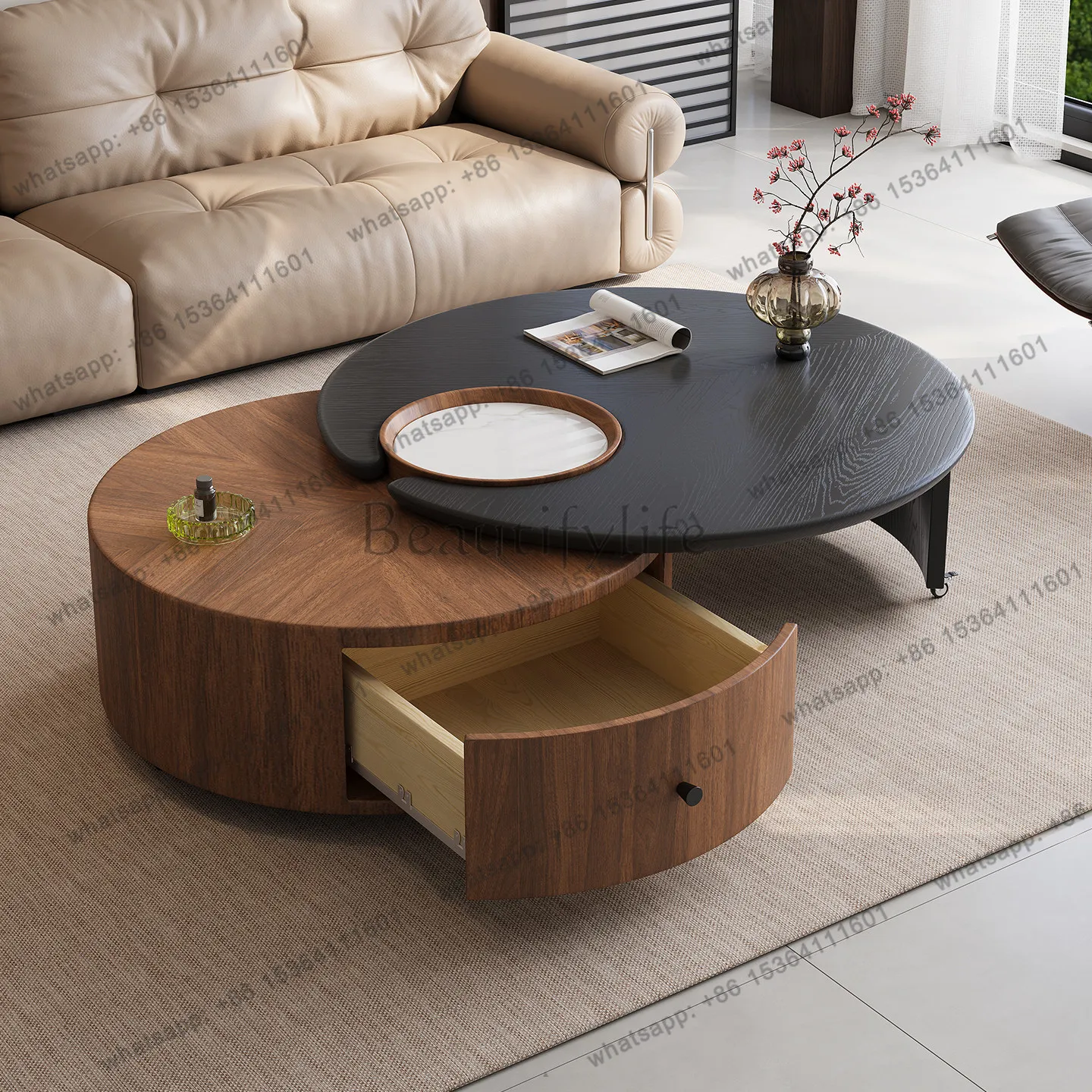 

Solid wood living room French retro style household small apartment black walnut round coffee table combination