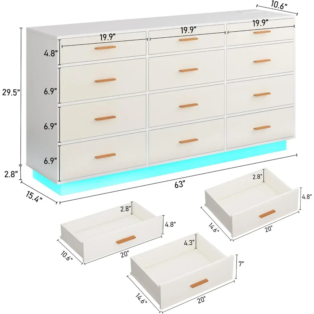 12 Drawers Dresser w/Power Outlet,60000-Colors Lights for Bedroom W/Anti-toppling Design,63