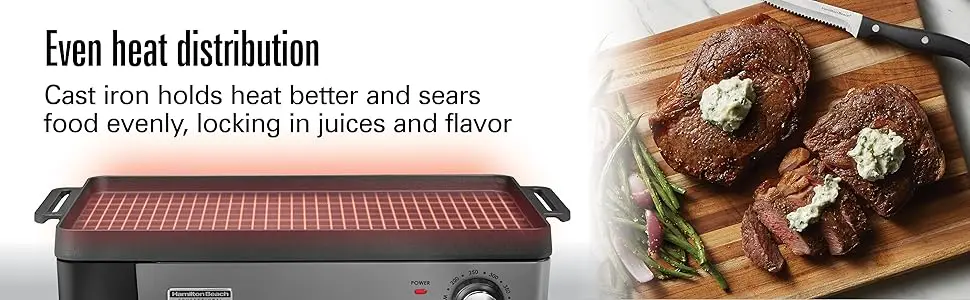 Description Picture 4 of itemBeach Professional Cast Iron Indoor Electric Grill & Griddle, 10" x 16" Preseasoned Cooking Surface, Adjustable Temperature up t