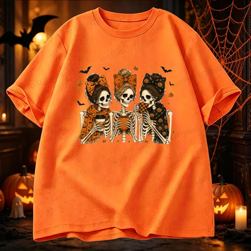 Halloween Fall Cozy Skeleton Coffee Crew Creative Graphics T-Shirts Women T-shirt Hip Hop Street Tee Tops Spooky Season Clothing