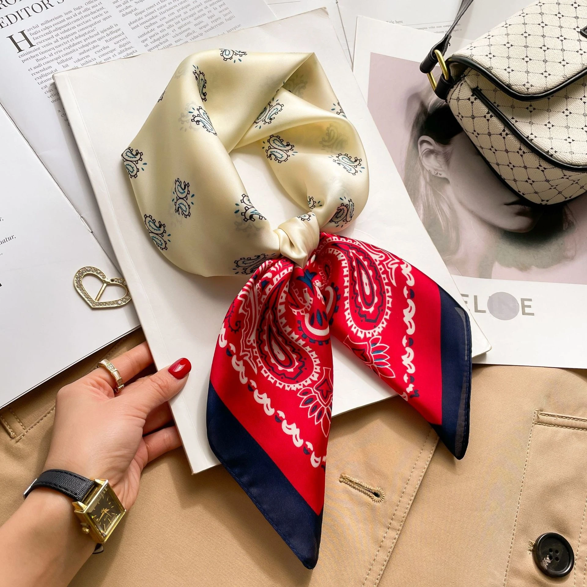 

Красный шелковый платок с узором пейсли, женский шейный платок, мягкий атласный шарф, женский фулярд, повязка на голову, хиджаб, украшение для рук