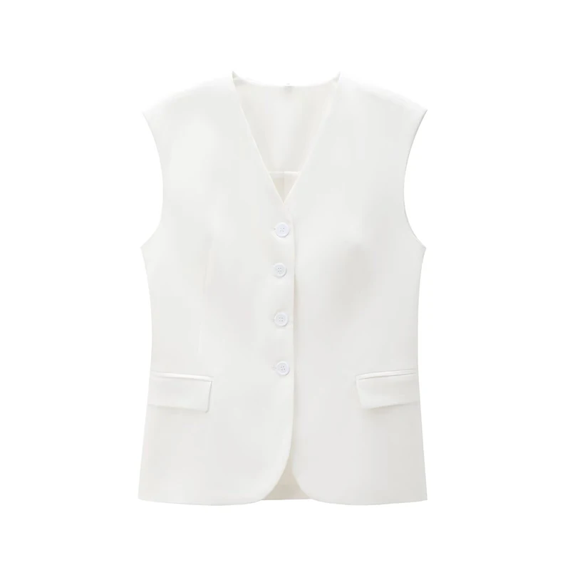 YENKYE Women's Solid Black V Neck Sleeveless Suit Waistcoat Button Front Double Pocket Slim Office Elegant Vest Chic Tops