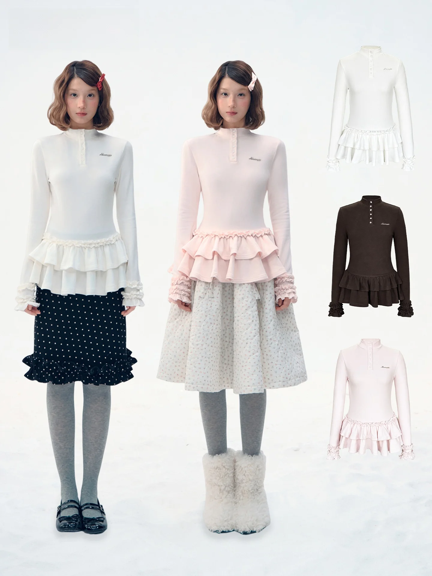 

Женская зимняя футболка-лонгслив Narratorgirls с высоким воротником, шестью пуговицами, оборками по низу, эластичная, из эластичного волокна, приталенная, для ношения под одеждой