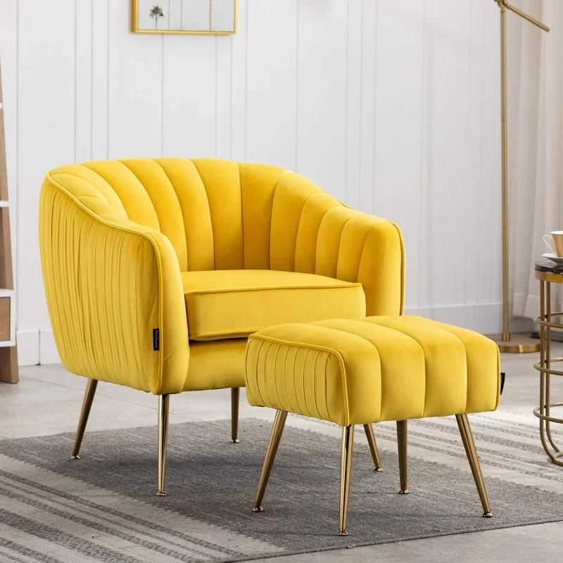 TubArm Chair Upholstered Tufted with Gold Metal Legs Accent Club Chair with Ottoman Footrest for Living Reading Room Bed