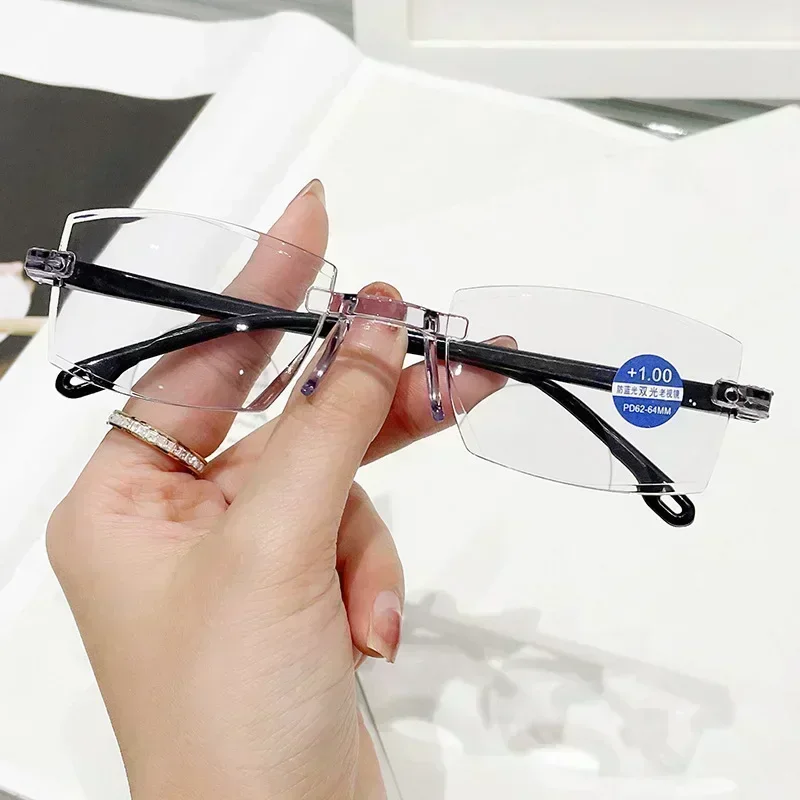 Gafas de lectura con luz azul y Zoom inteligente, gafas para presbicia sin marco con borde de corte, gafas para presbicia para hombres y mujeres
