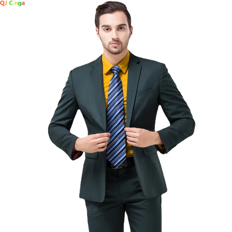 Dark Green Suit Two-piece Men, Fashion Slim Dress Jacket and Pants,Wedding / Party Men Blazer Coat+Trousers Red Blue Black M-5XL