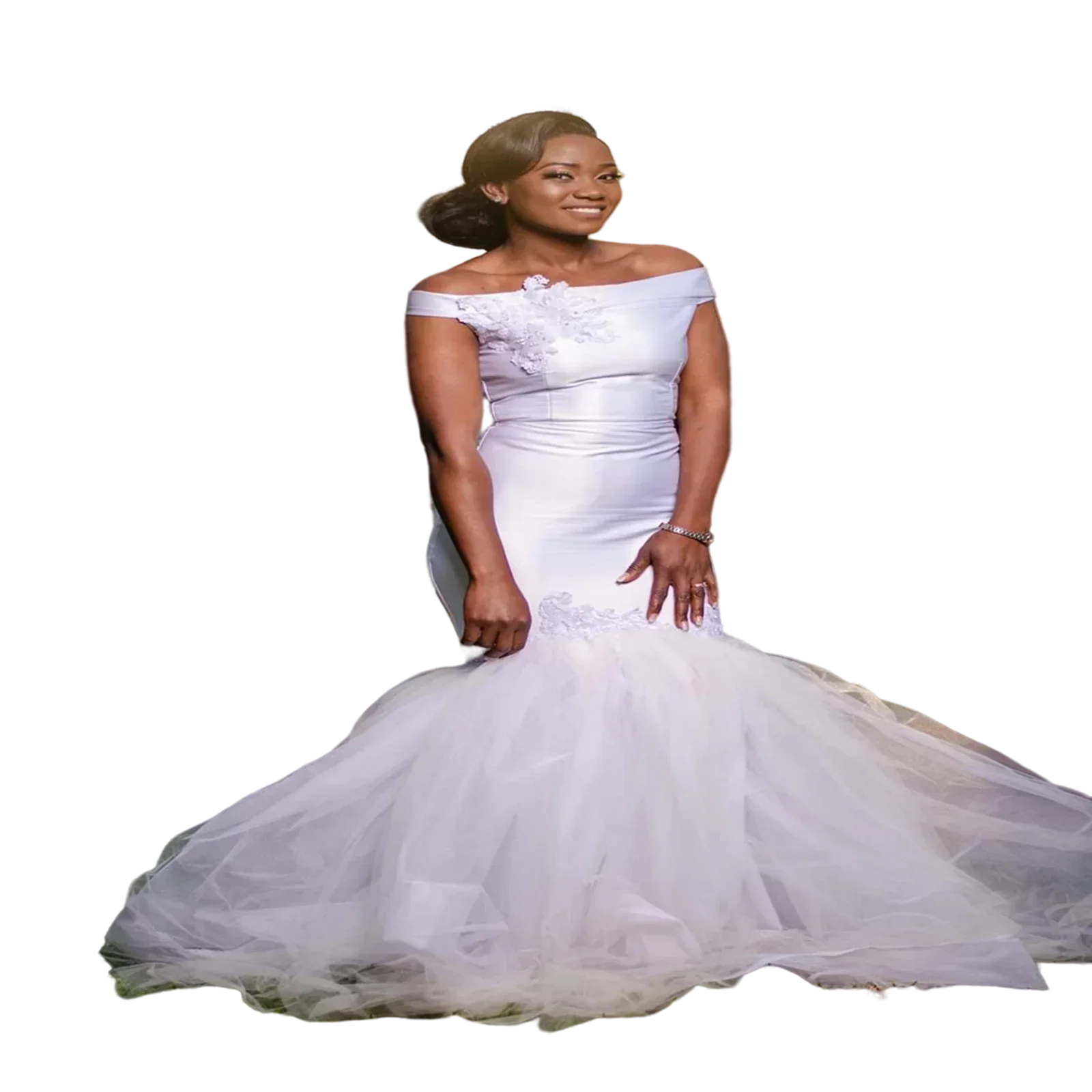 

Customized Off The Shoulder Mermaid Wedding Dress Sweep Garden Sleeveless Bridal Gowns