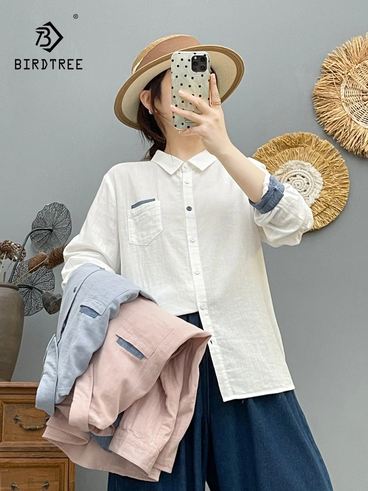 

Новинка 2025, осенняя рубашка с длинными рукавами из хлопковой пряжи, женская рубашка с отложным воротником и карманом, модная дизайнерская свободная блузка Mori Girl T5N427CC