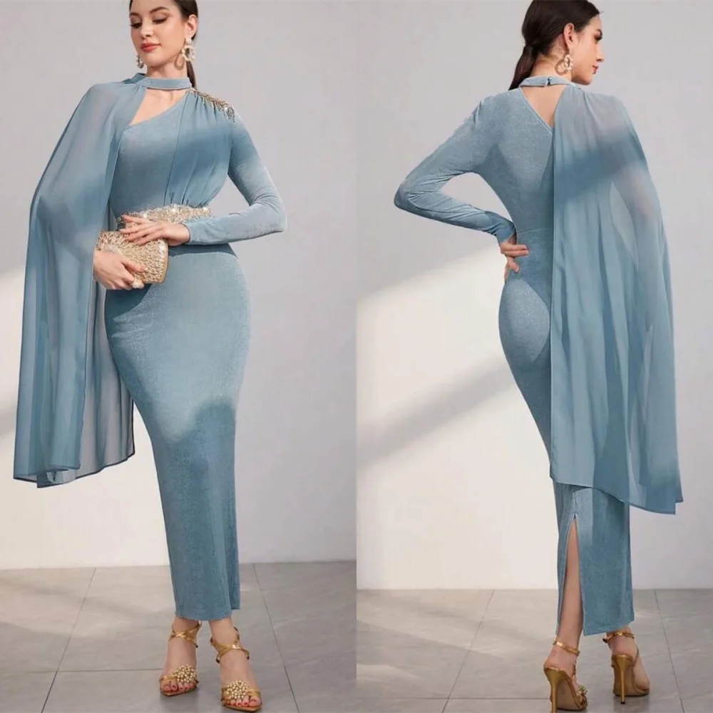 

Customized Elegant Light Blue Jersey Evening Dress Simple Crew Neck Shawl Long Sleeves Buttons Back Mermaid Homecoming Dress