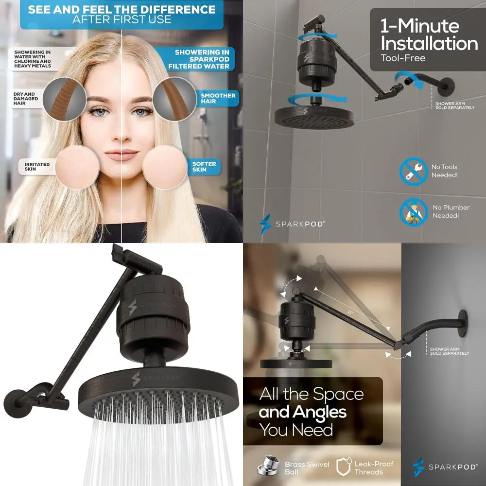 

6 душевых насадок высокого давления с 23-ступенчатым фильтром и 11 выдвижными рычагами для более гладких волос и кожи без хлора (круглых, масляных ремешков)