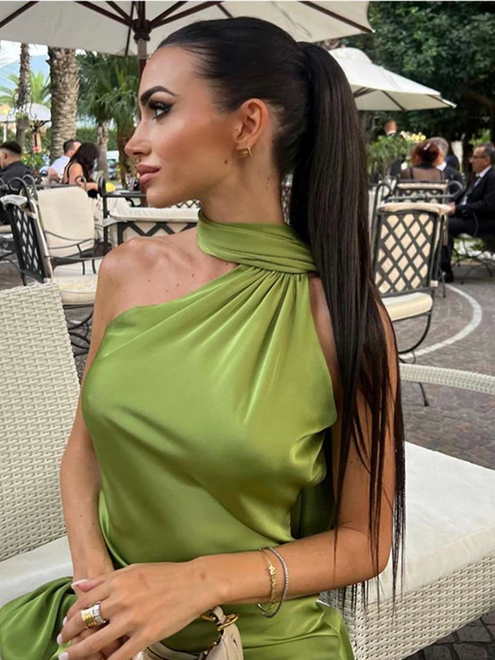 Vestido de fiesta de satén con cinta sexy para mujer, elegante, sin espalda, fuera del hombro, sin mangas, vestido liso de verano 2026 2
