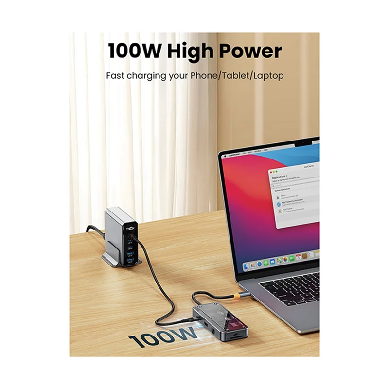 USB C Hub 8 في 1 Type-C 3.1 إلى 4K محول 5GB RJ45 SD/TF قارئ بطاقات محور السماء الداكنة رمادي وشفاف USB 3.0 100W PD لأجهزة الكمبيوتر المحمولة