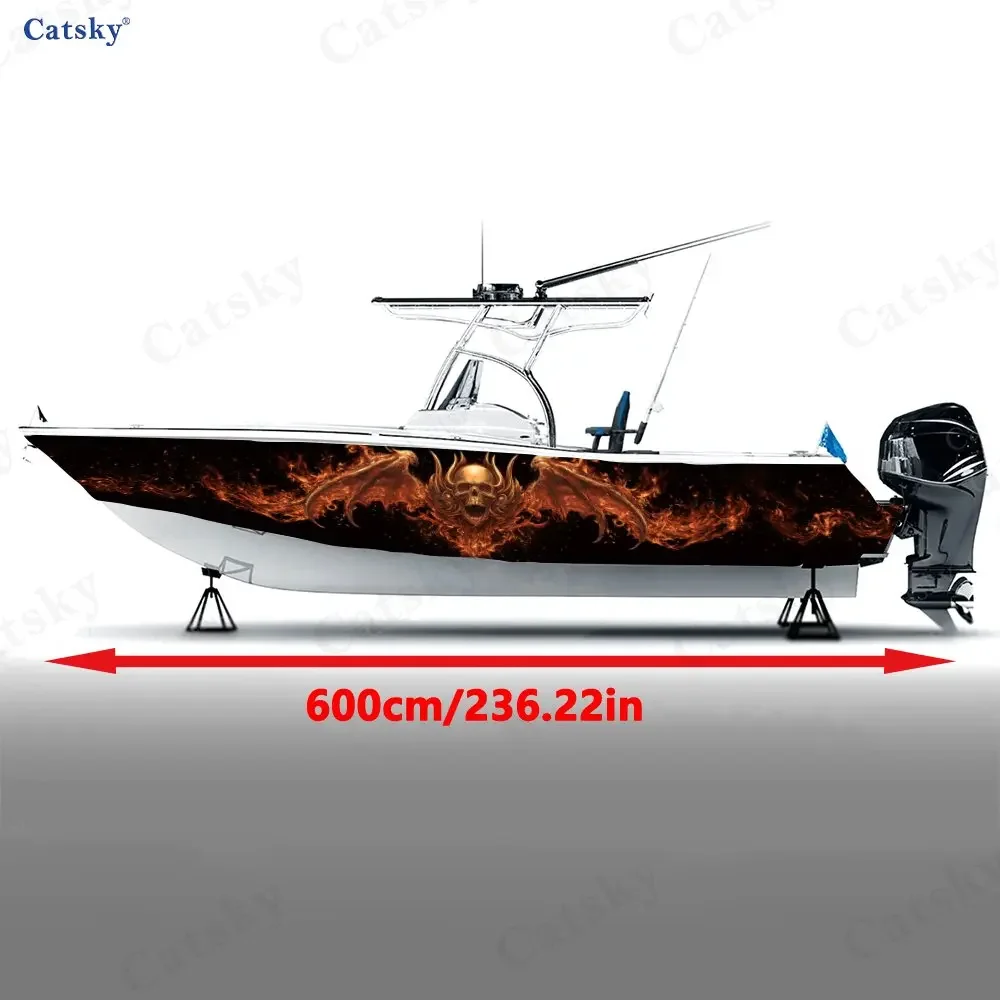 2Pcs Fire-Winged Skull Boat Stickers, PVC Waterproof Durable Vinyl Wrap Decals for Fishing Boats, Durable and Stylish Design