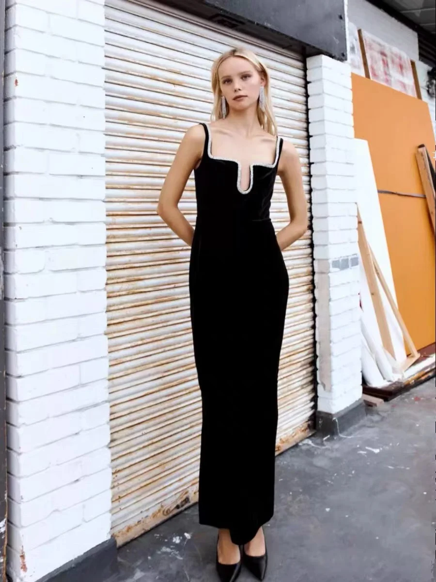 Self*P0rt* Summer 2024 Women Dress Crystal Velvet Black Dress Evening Elegant Ankle Length Slim Fit Sexy Club