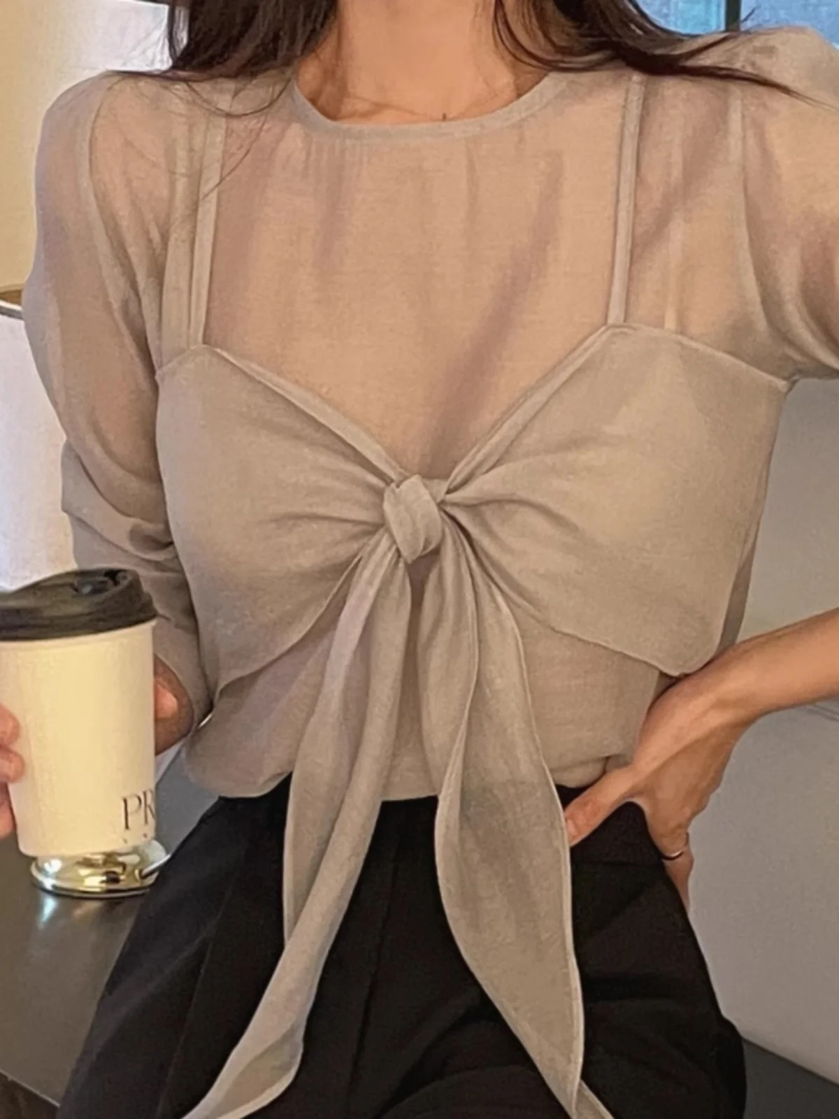 Ele Sweet Sle femmes irt avec sangle à nœud longue Sve faux haut deux pièces coréen trajet couleur Pure coupe ample