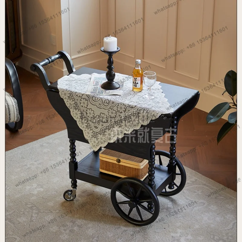 New French retro solid wood cart, living room folding dining car, antique mobile table with wheels, small side table