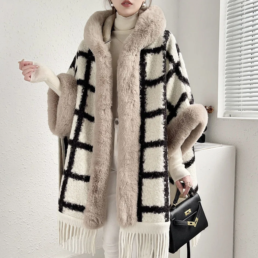 Faux Rabbit Fur Collar Coat Woman Winter 2023 Plush Thicken Shawl Ladies Elegant Hooded Tassel Long Capes Women Cloak Ponchos