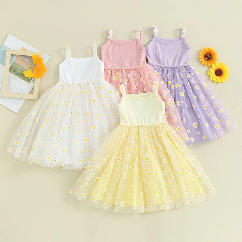 

Tregren Toddler Girl Summer A-Line Party Dress Daisy Print Tulle Mesh Patchwork Princess Dress Kids Sleeveless Strap Cute Dress