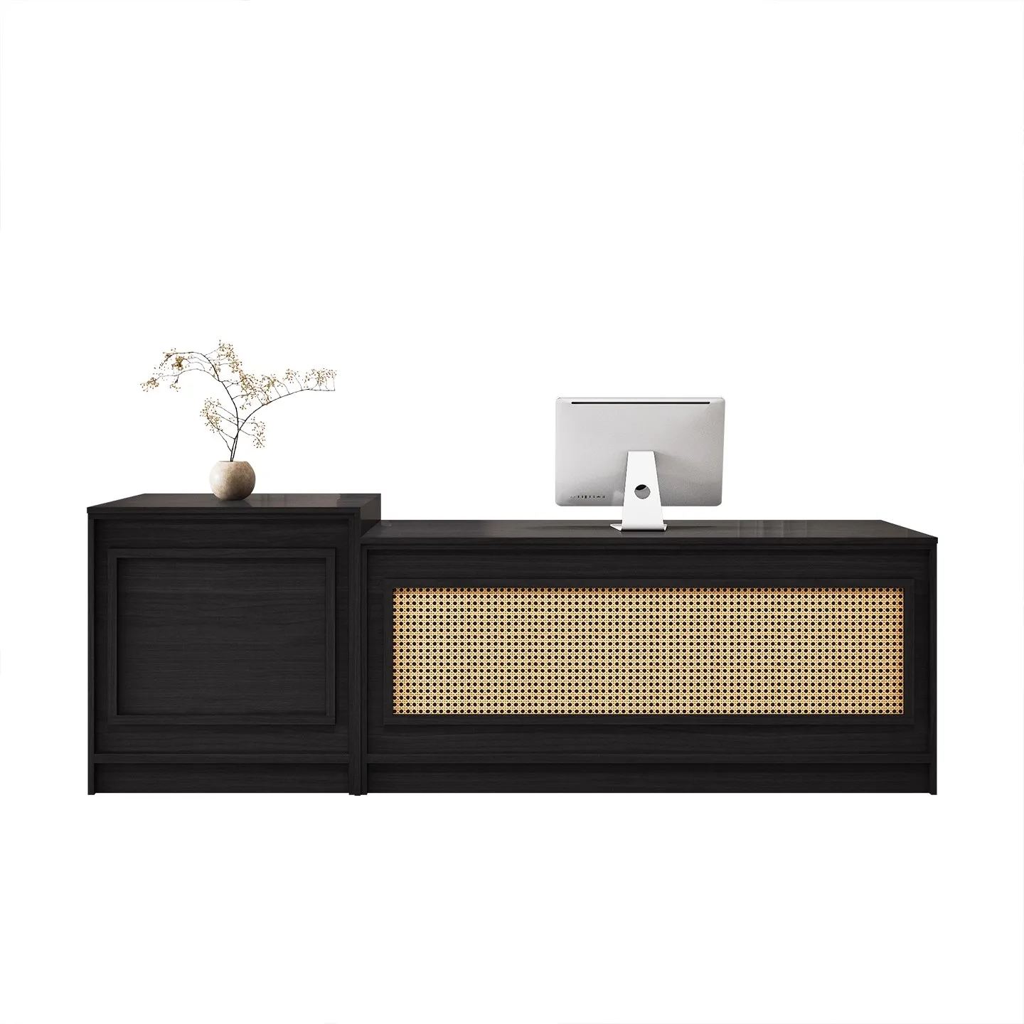 

&c Modern Beauty Salon Grille Design Plywood Front Reception Desk Furniture with Rattan Plaited Articles