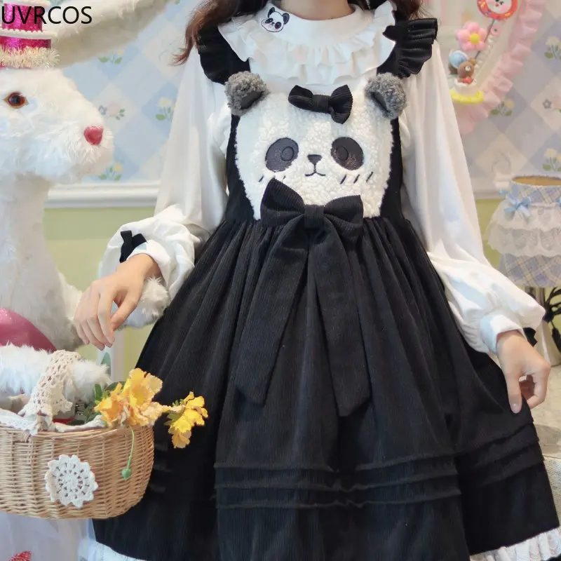 Vestido japonés de pana Lolita Jsk para mujer, vestidos de fiesta con lazo de oveja bordado de oso Panda, Kawii, Otoño e Invierno