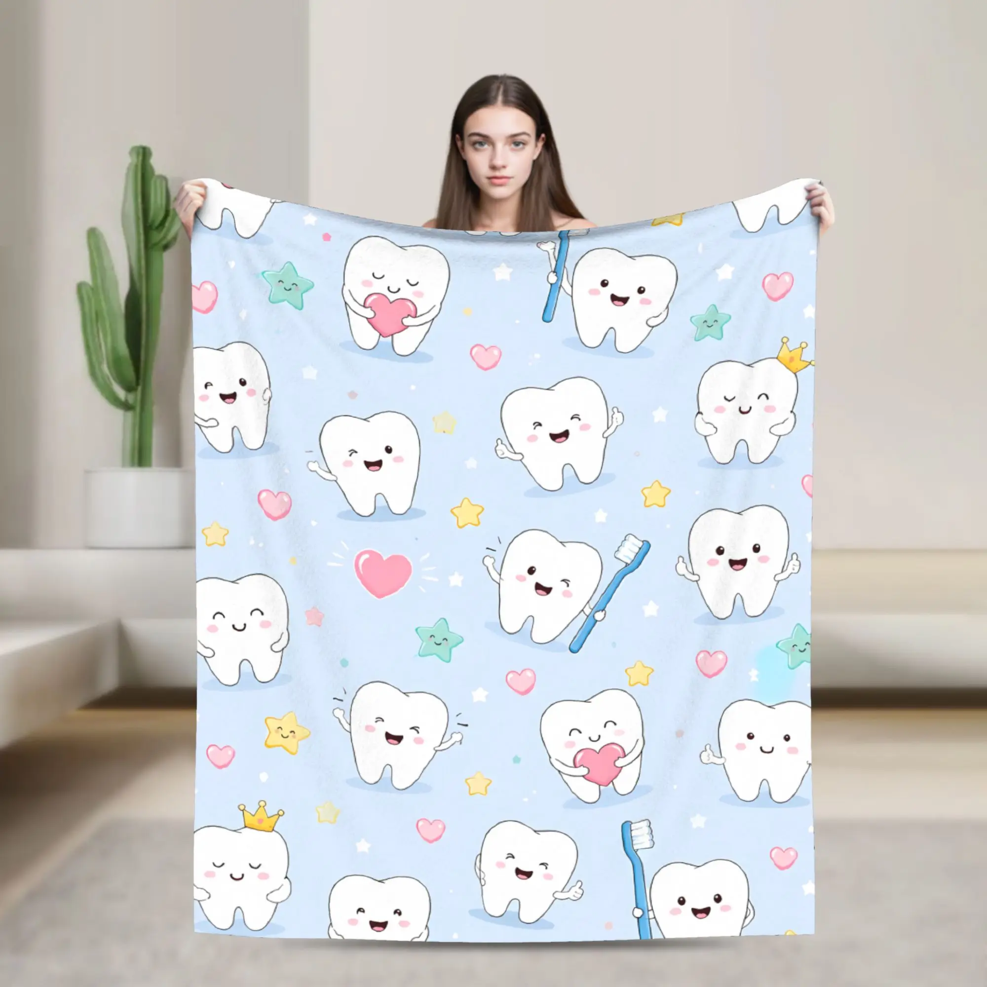 Cute Tooth Light Blue Simple Blanket Decorative Flannel Bedding Throws For Living Room Soft Warm Quality Bedspread Gift Idea