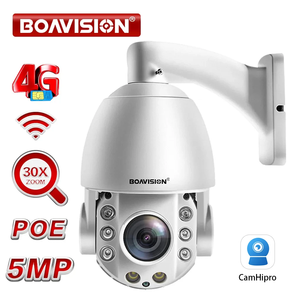 Caméra de surveillance IP PTZ IP WiFi/4G/POE 5MP, colorée, avec suivi automatique, Audio bidirectionnel 30X, Vision nocturne IR, 80m, sécurité P2P CamHi