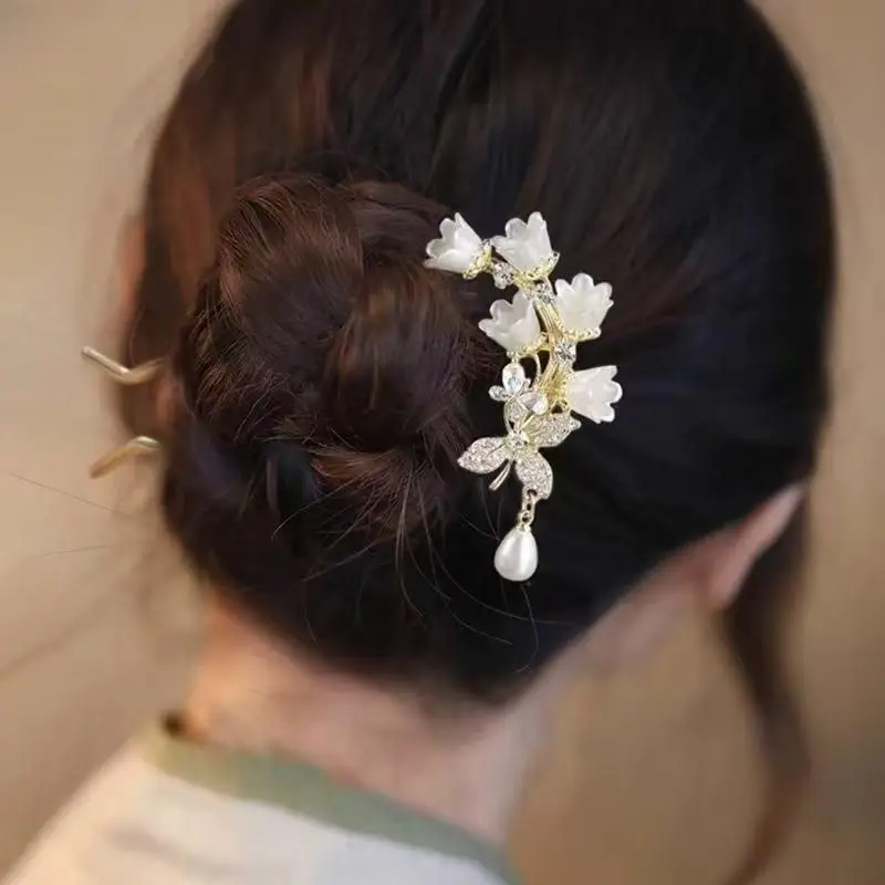 Chinese Hanfu Hair Accessories Long Tassel Vintage Lily Of The Valley U-shaped Hairpins Flower Handmade Hair Sticks For Women view 5