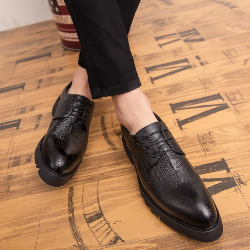 Mens Black Genuine Leather Brogue Textured Lace Up Formal Business Office Groom Wedding Daily Wear Shoes Commuting Fashion New