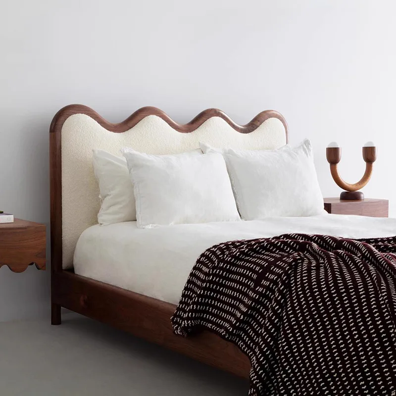 *&Medieval-style Fleece Fabric Black Walnut Solid Wood Modern Minimalist Cream Color Single/double Bed Suitable Smallapartment