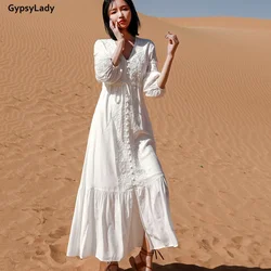 GypsyLady Floral Embroidery Vintage Maxi Dress White Red Spring Holiday Dresses Long Sleeve Button Front Causal Chic Girls Dress