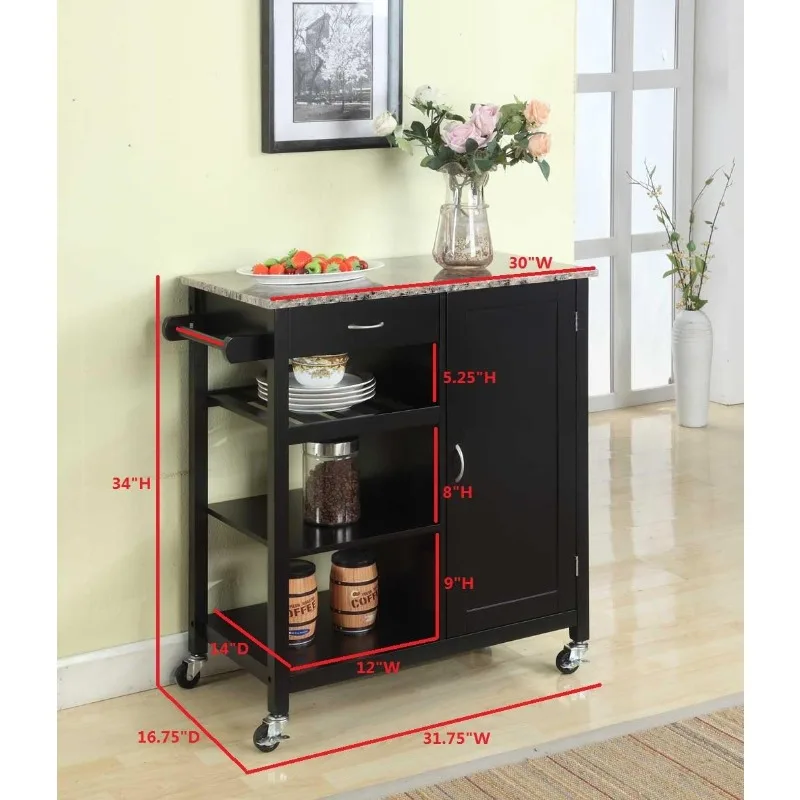 Black Wood & Marble Finish Top Kitchen Storage Cabinet Cart