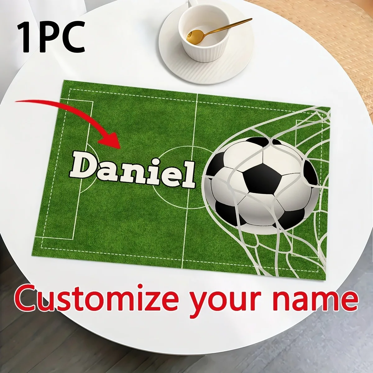 Custom Name Cartoon Creative Football Pattern Placemats Available in 1/2/4pcs Featuring a Soccer Field Design Table Covers