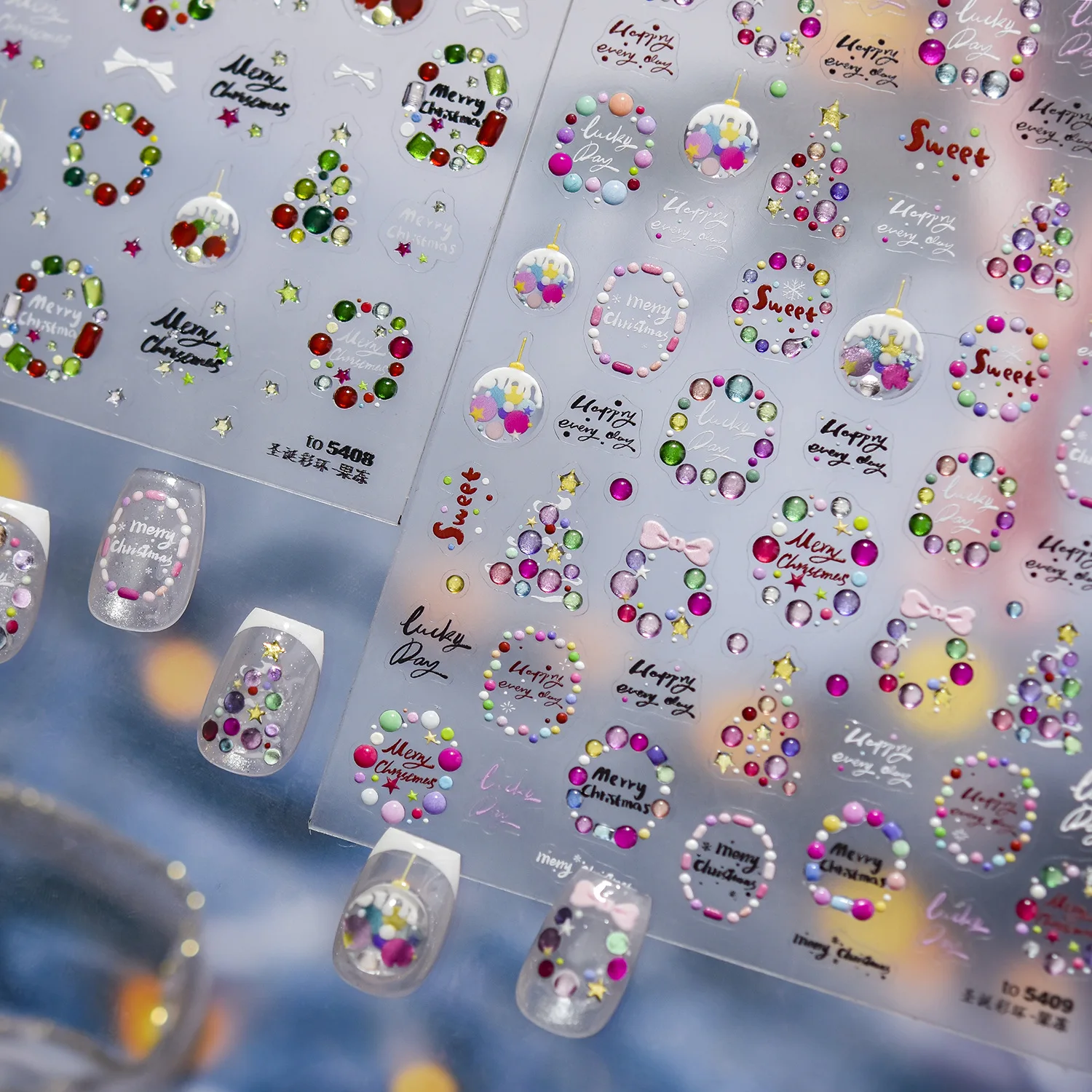 귀여운 꿈같은 크리스마스 컬러풀 볼 트리 리본 고품질 겨울 파티 네일 스티커 아트 장식 디자인 T-5409