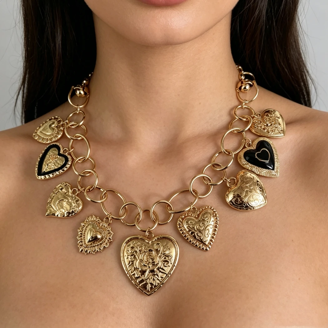 Indian Vintage Gold Plated Heart Shape Pendants Necklaces Women Chunky Chain Black Enamel Statement Choker Necklace Jewelry 2026