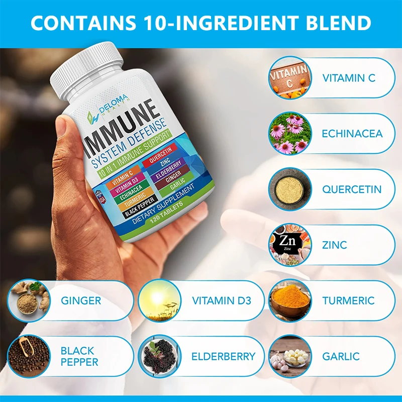 10-in-1 Immune System Defense Supplement - Vitamin C, Vitamin D3, Zinc, Elderberry, Echinacea, Turmeric, Ginger, Garlic