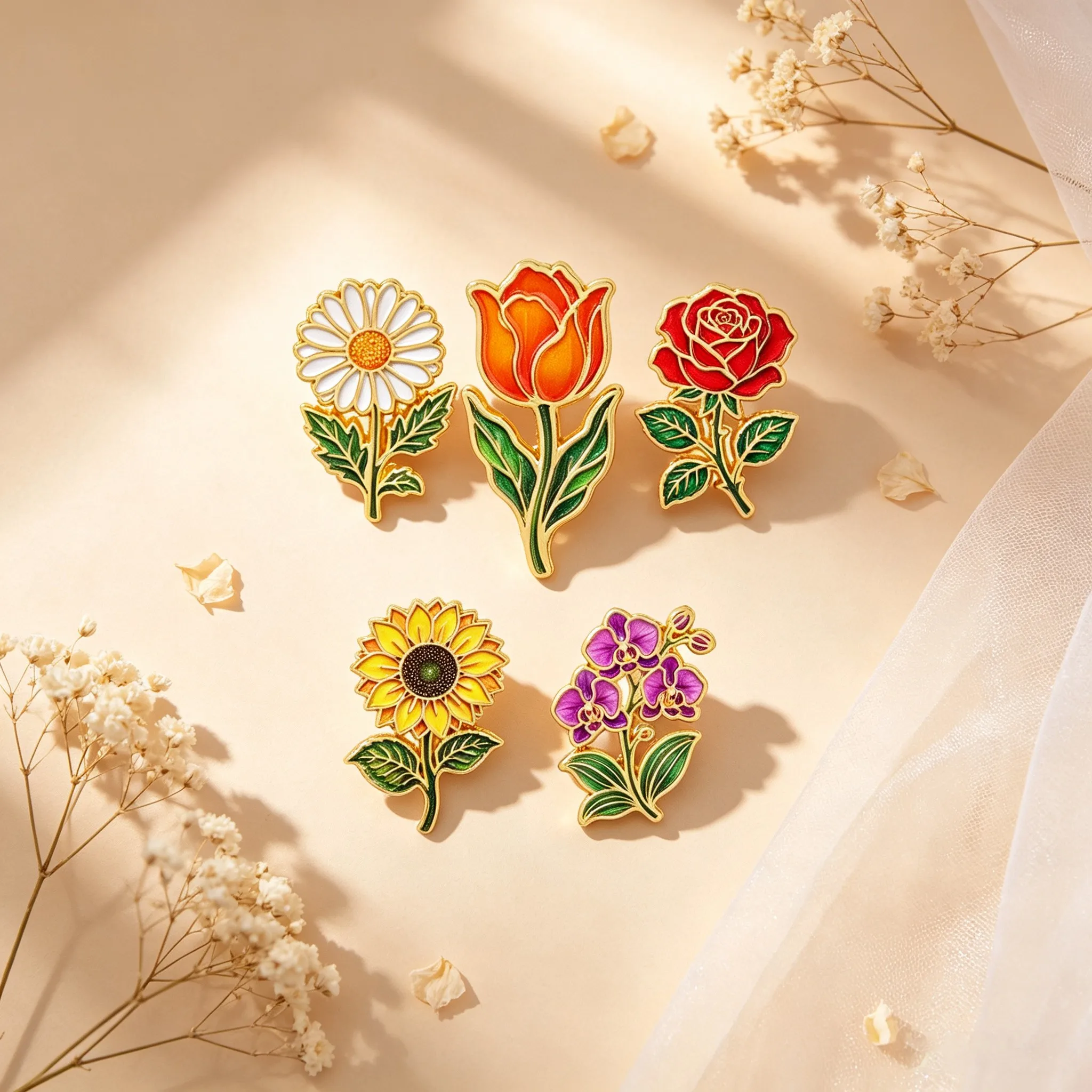 5pcs/set Nature Plant Orchid Enamel Pin Sunflower Lapel Pins Rose Badges on Backpack Brooch for Clothes Jewelry Gifts Friends