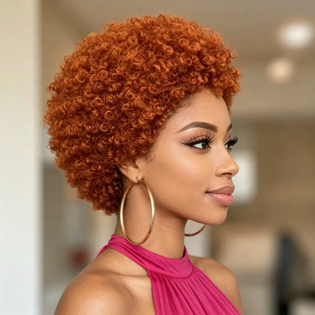 Full Machine Made Afro Kinky Curly Human Hair Wig, Short Orange Afro Curly Wig for Women