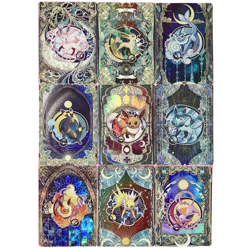 

9Pcs/Set Pokemon Cards Vaporeon Flareon Espeon Umbreon Sylveon Glaceon Anime Game Characters Collection DIY Color Flash Card Toy