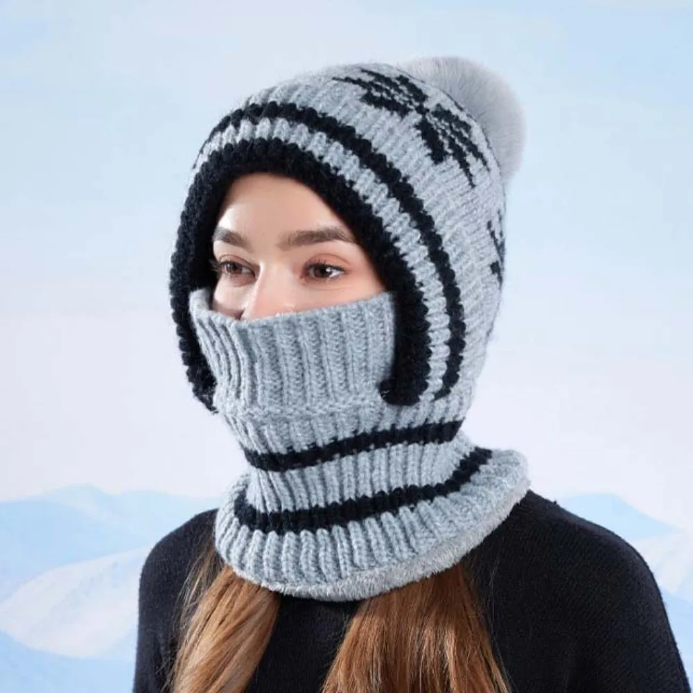 Fleece-gefütterte Strick-Balaclava-Mütze mit Schneeflocken-Jacquard, dick, warm, integrierter Schal, weiche, vollständig bedeckende Winter-Beanie-Maske – Detail 11