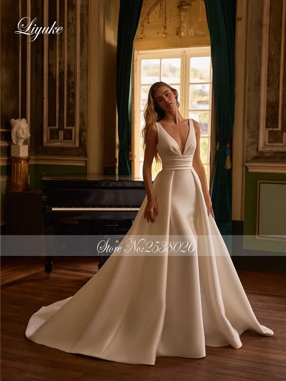 Liyuke Custom Made Luxury Satin Deep V-neck A-Line Wedding Dress Puffy With Pleats Sleeveless Trumpet Bridal Gown