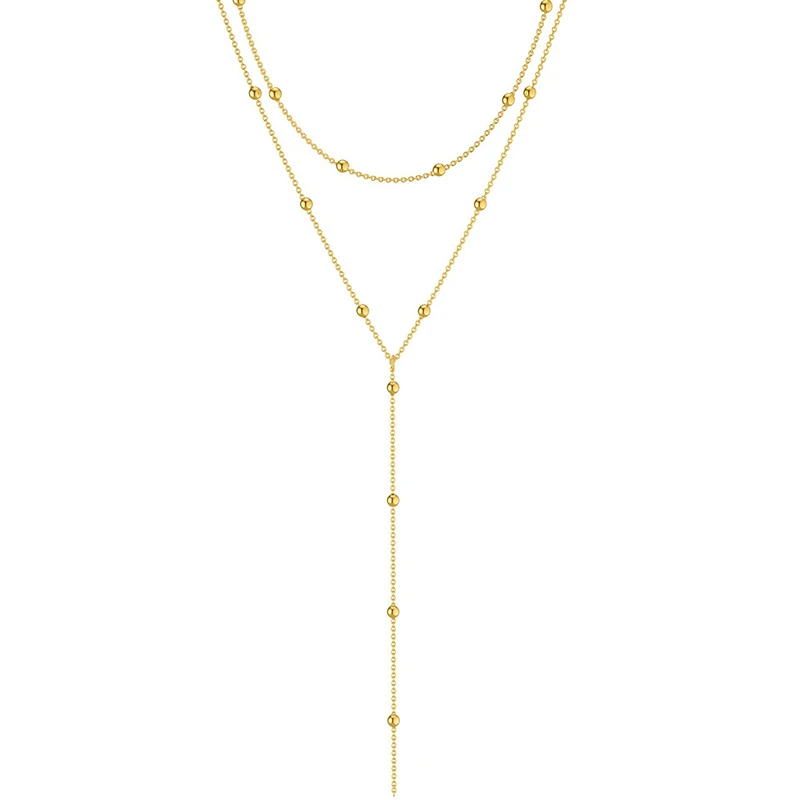 14K Gold Plated Y Shaped Long Necklace Dainty Layered Cz Beaded Pendant Necklaces Stainless Steel Trendy Jewelry For Women
