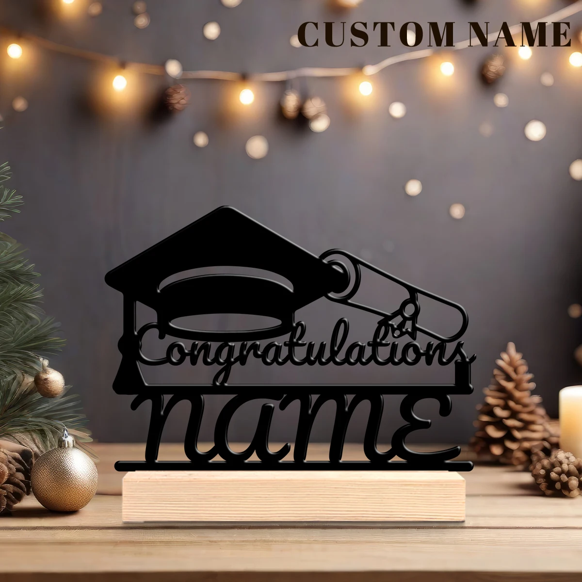 1pc Desktop Metal Ornaments Customizable Name Equipped with Wooden Base Decorative Gifts, Metal Statue Ornaments
