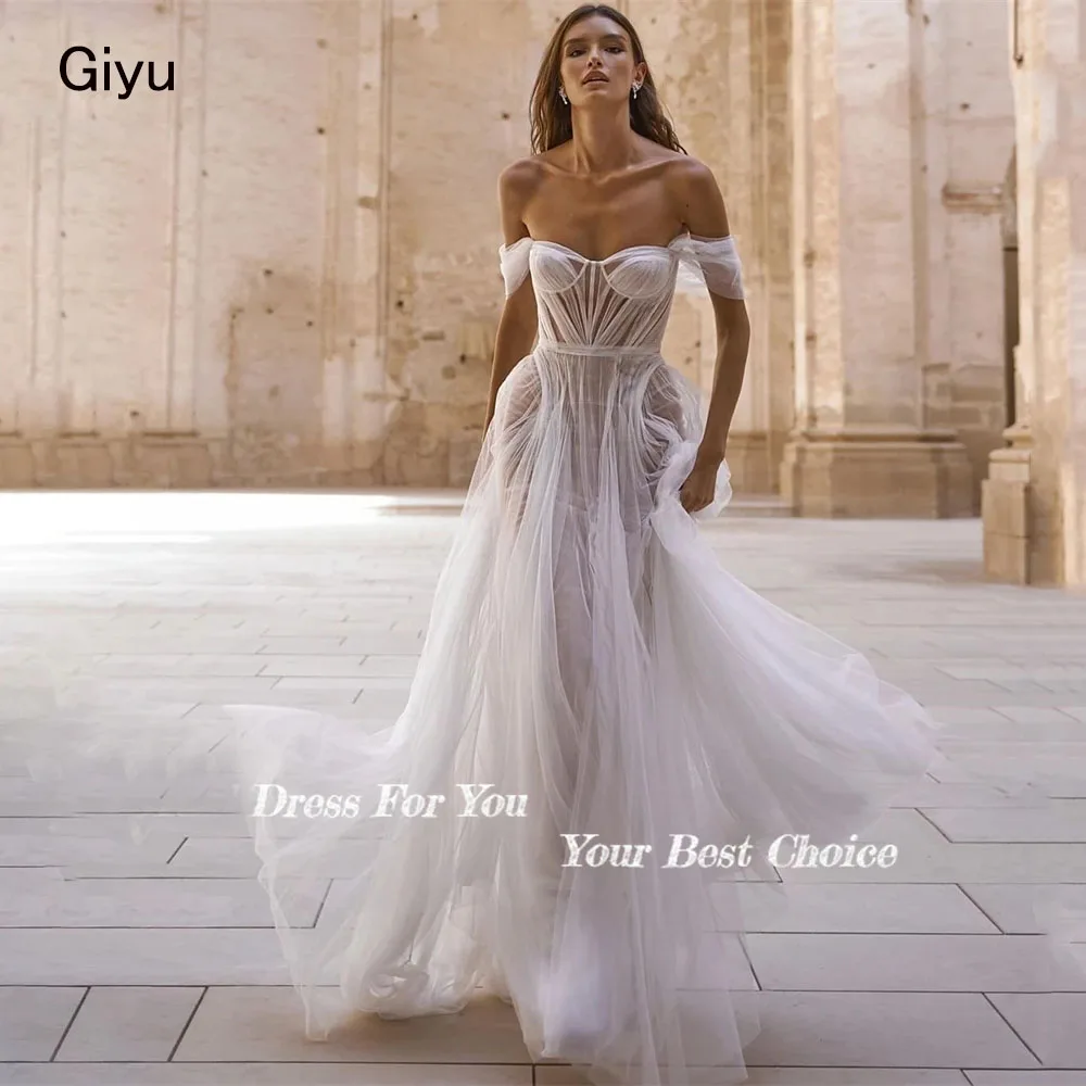 

Giyu Tulle Wedding Dresses Sweetheart Collar Pleated Backless Sleeveless Bridal Gowns Solid Bride Dress vestidos de novia