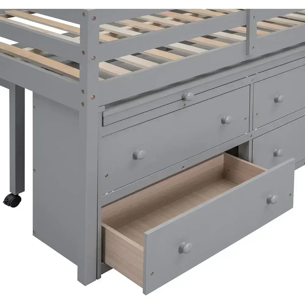 Full Size Wooden Loft Bed with Desk and Drawers, Storage Shelves, Space-Saving, Gray view 6
