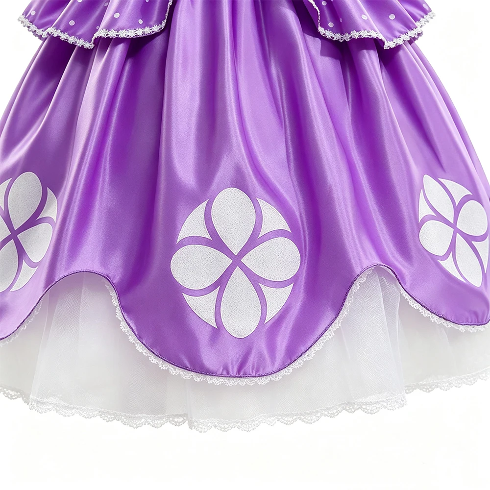 Sofia Costume Girl Kids Purple Princess Short Sleeve Dress with Flower Wreath Crown Necklace Wand for Girls Party Cosplay - view 4
