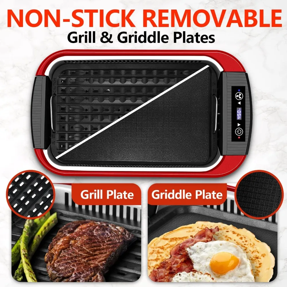 Smokeless Grill Indoor, Electric Grill Griddle, 1500W Korean BBQ Grill with LED Smart Display & Tempered Glass Lid