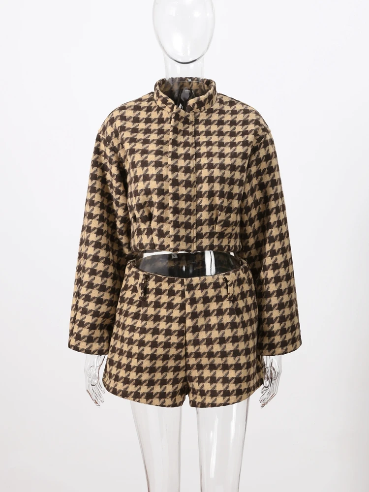 

Elegant Plaid Women Set Casual Full Sleeve Zipper Jacket High Waist Pockets Shorts 2025 Spring Autumn Lady Street Office Suits