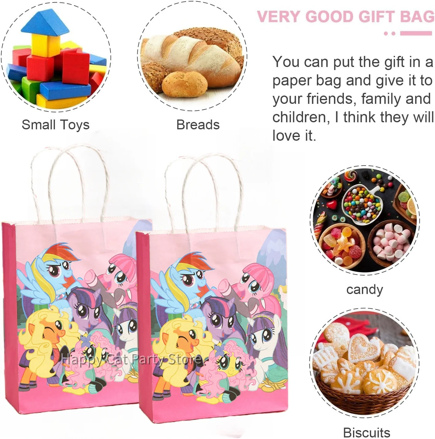 Pink Little Pony Paper Gift Bags Birthday Decor Pony Candy Bag Goody Biscuit Package Drawstring Bag Girls Gifts Party Supplies