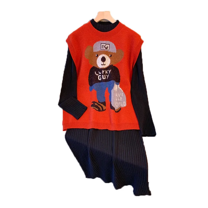 

Casual Knitted Two-piece Set For Women Bear Vest Tops And Dresses Large Size Female Autumn Winter Loose Black Red Thicken Suits