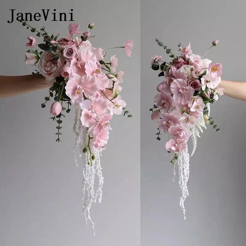 

JaneVini Dusty Pink Cascading Flowers Waterfall Bridal Bouquets Artificial Silk Roses Korean Bride Bouquet Wedding Accessories